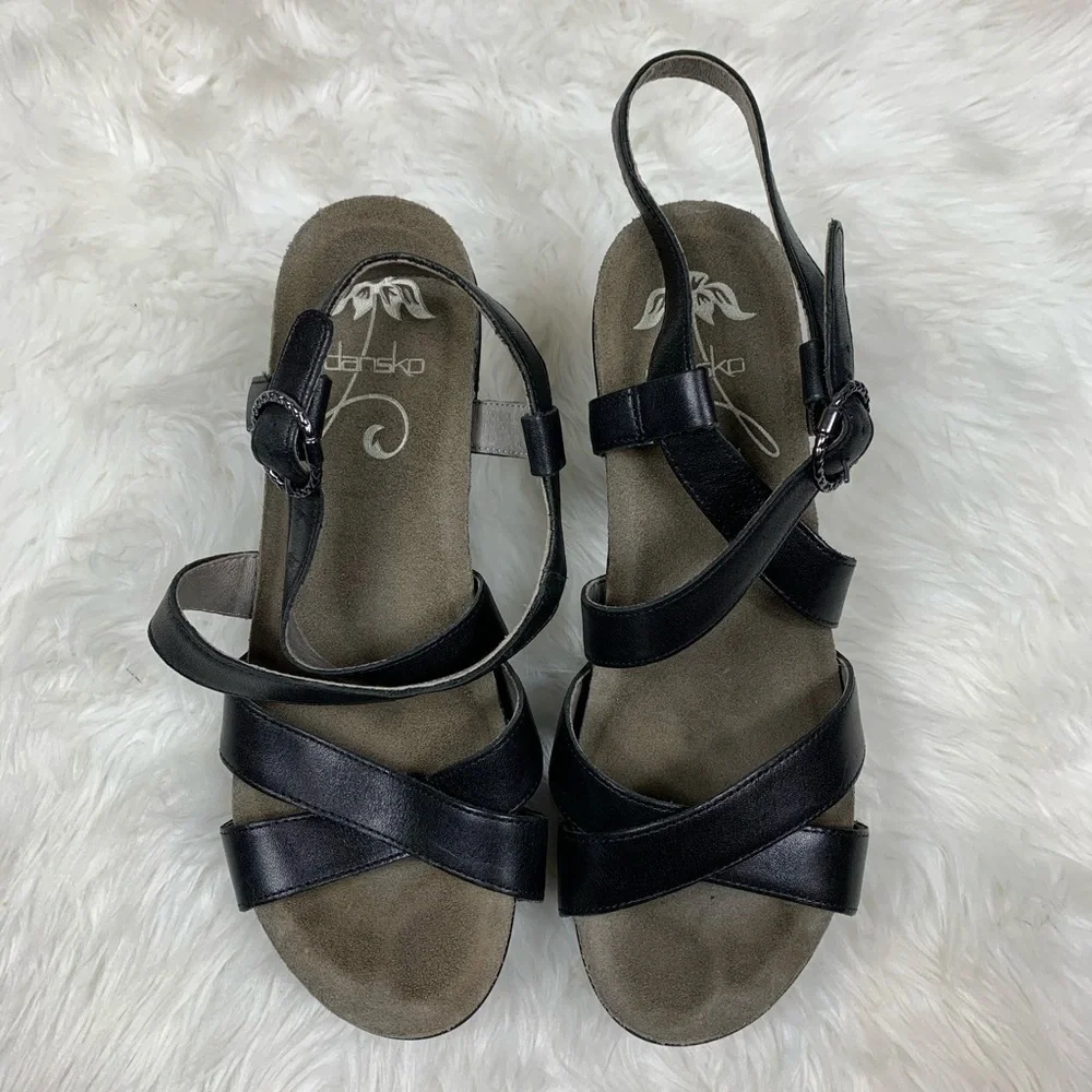 Dansko Frida Black Wedge Sandals Size 9.5-10 Open Toe Crisscross Strap